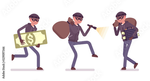 Thief, a masked man stealing money. Burglar committing robbery, outlaw fraud operating lawless financial crime, bandit tiptoeing with a stolen sack, flashlight. Vector flat style cartoon illustration