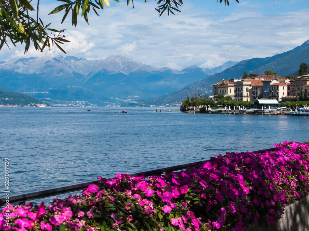 panoramic view of the lake, Alps and Bellagio city, Como lake, Lombardy, Italy