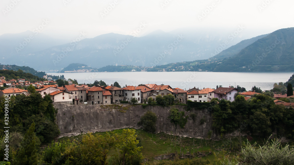 views of the mountains, Lake Como and the ancient wall in Ossuccio, Lenno, lake Сomo, Tremezzina, Italy