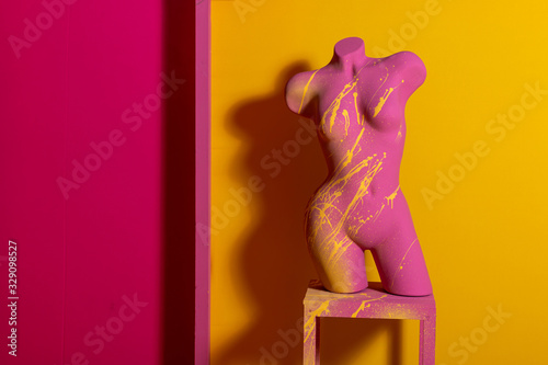 Multi-colored female mannequin on a pink and yellow background.
