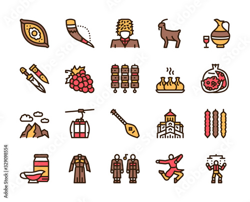 Georgia color linear icon set. Georgian culture, food and traditions