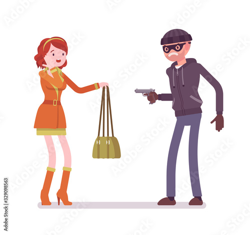 Purse snatcher, thief grabbing a girl, threatening with a gun. Masked criminal, bandit pulling a weapon on young woman to steal a handbag on street. Vector flat style cartoon illustration