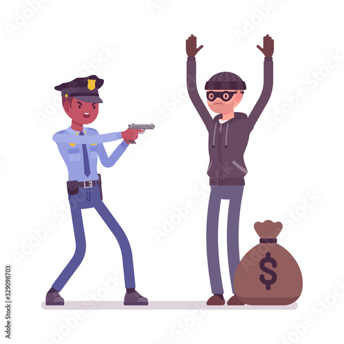 Thief arrest and a policeman. Legal seize of a criminal, masked male burglar committed robbery, bandit with stolen money sack caught by an armed police officer. Vector flat style cartoon illustration