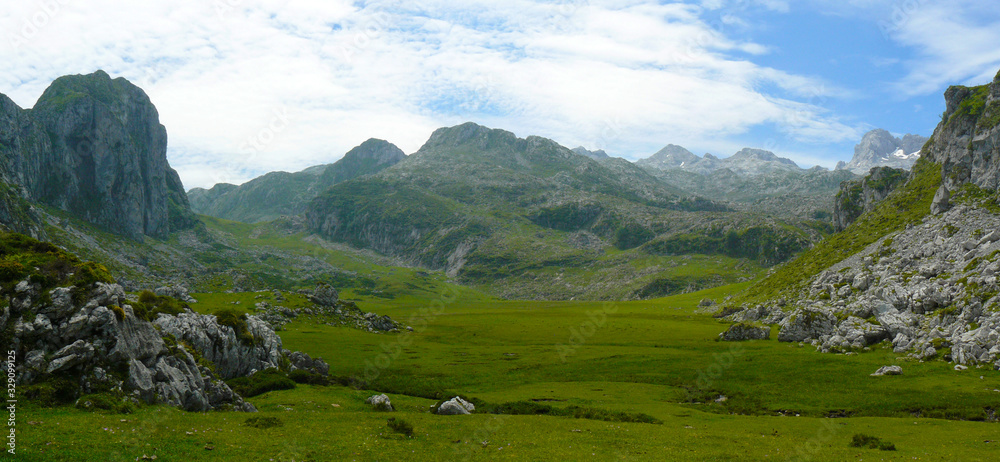 Panoramic view of the landscape of a valley in the Nationak Park Picos de Europa, Asturias, Spain