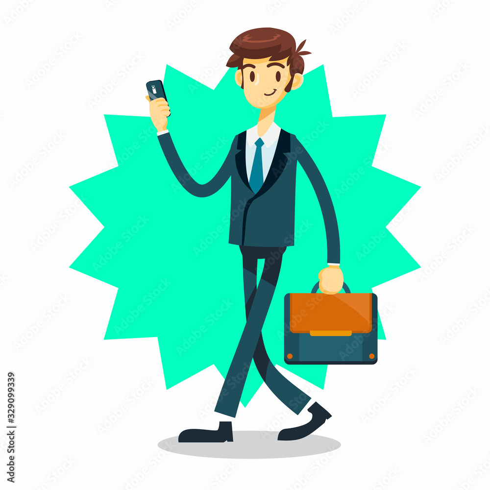 businessman cartoon character with walking and using hand phone pose businessman cartoon character with walking and using hand phone pose