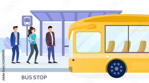 People waiting for arriving bus at bus stop. City public transportation poster with yellow bus and three passengers waiting in line to enter the vehicle