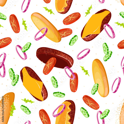 Fototapeta Naklejka Na Ścianę i Meble -  Burger with meat, cheese, sauce and vegetables. Seamless pattern. Texture for fabric, wrapping, wallpaper. Decorative print.