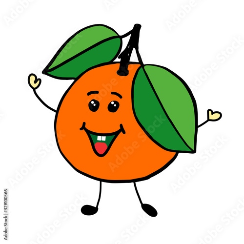Simple vector sketch, tangerine fruit drawing. A ripe tangerine fruit with two green leaves.