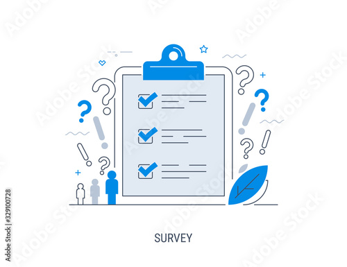 Survey. Vector illustration. Flat concept with quality test and satisfaction report. Feedback from customers or opinion form photo
