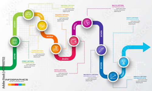 Timeline infographic template,Business concept with 9 options,Vector illustration.