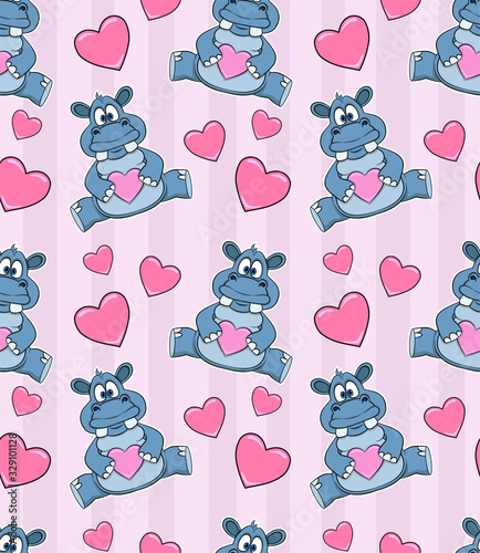 Seamless pattern with cartoon hippo and hearts on a striped pink background. Suitable for a baby room for wallpaper on the wall.