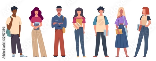 Multi ethnic students. International student society members standing together with books and bags, multicultural cartoon vector characters