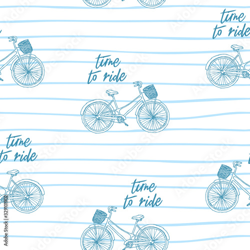 vintage bike with handwritten slogan time to ride, blue thin lines on white background seamless pattern, editable vector illustration for decoration, fabric, textile, paper, wallpaper