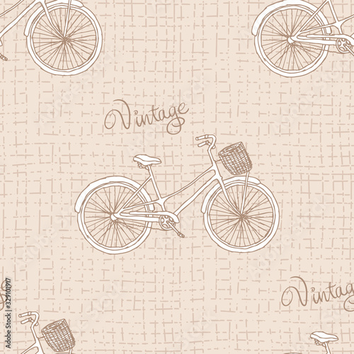 vintage bike on abstract beige canvas texture background seamless pattern, editable vector illustration for decoration, fabric, textile, paper, wallpaper