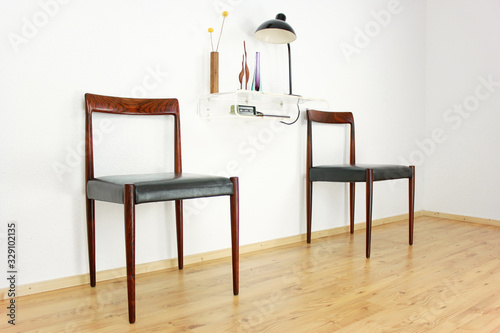 2x danish rosewood CHAIR Danish Design Chairs Mid Century 60s Vintage Dining leather seat wood Modern antique 50s 70s retro original isolated on white wall in modern living room closeup loft