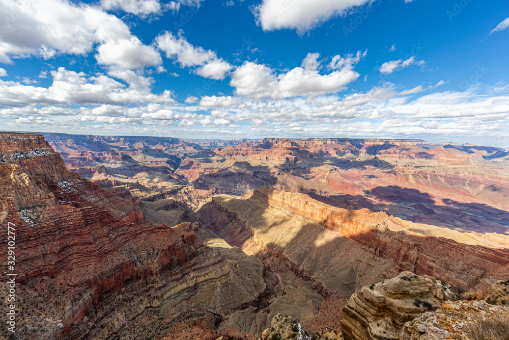 View over impressive Grand Canyon from South Rim viewpoint in winter
