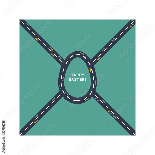 Original and creative Easter card with the road and roundabout in the shape of an egg. Square format. Vector illustration. EPS10 with layers.
