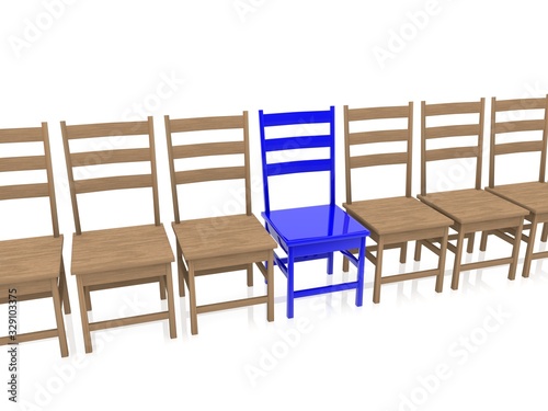 Blue plastic chair in a row between wooden chairs on a white background