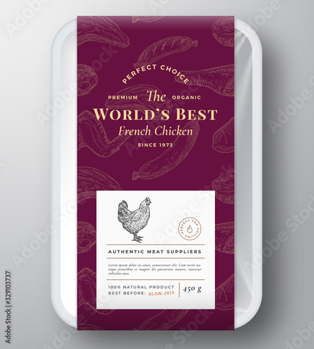 Worlds Best Poultry Abstract Vector Plastic Tray Container Cover. Premium Meat Vertical Packaging Design Label Layout. Hand Drawn Chicken, Steak, Sausage, Wings and Legs Sketch Pattern Background.