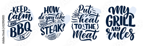 Set with Bbq fun slogans, great design for any purposes. Lettering for family dinner design. Funny print, poster and banner with phrase about barbeque. Vector