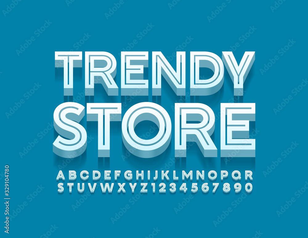 Vector creative logo Trendy Store. White 3D Font. Stylish Alphabet Letters and Numbers