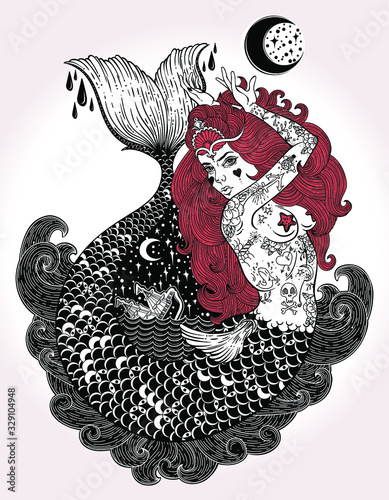 Outstanding hand-draw work of a tattoed-body mermaid in new old school style. Template for invitation, scrap booking, print for t-shirt, tattoo art, postcard, coloring books. Vector illustration.