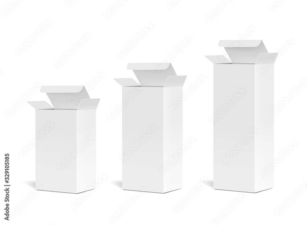 Set of realistic paper rectangular packaging boxes. Open cardboard different sizes package box mockups medicine, food, cosmetic. Set of realistic paper rectangular packaging boxes. Open cardboard different sizes package box mockups medicine, food, cosmetic.