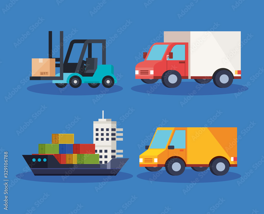 set vehicles of delivery logistic service vector illustration design
