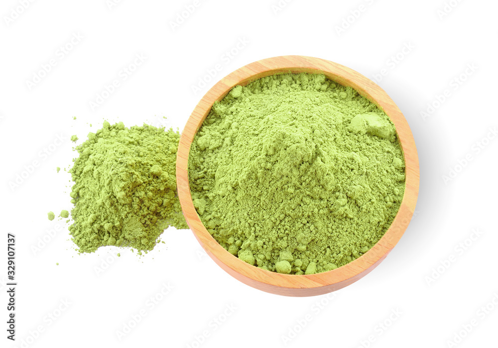 Green tea powder isolated on white background Green tea powder isolated on white background