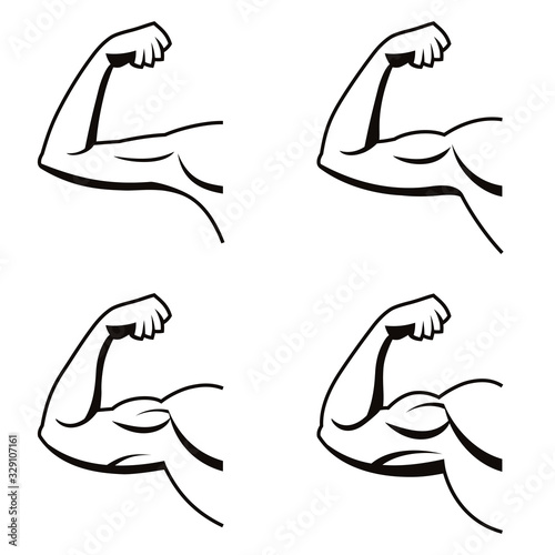 Vector set of strong arms with contracted biceps. Illustration of muscles in black and white style. Gym logo.