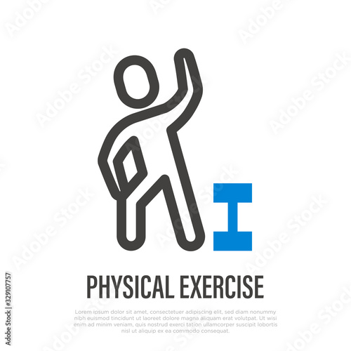 Physical exercise. Man training with dumbbell. Thin line icon. Healthy activity for elderly people. Vector illustration.