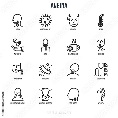Angina symptoms. Bacteria, sore throat, weakness, headache, fever, antibiotics, coughing, throat spray, enlarged lymph nodes, airborne infection. Thin line icons set. Vector illustration.