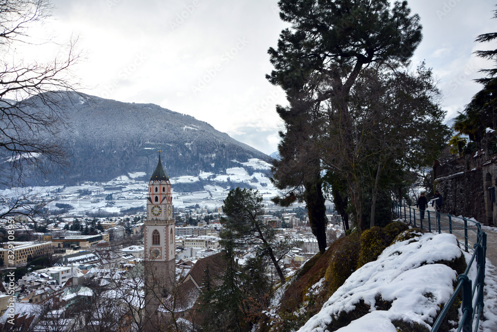 The beautiful Alpine town of Meran / Merano in south Tyrol, covered in snow in the winter. 