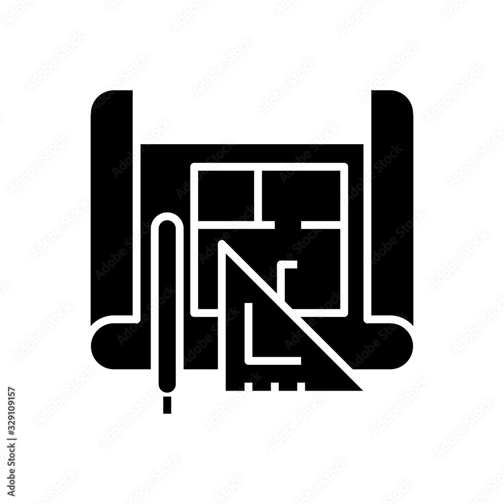 Technical drawing black icon, concept illustration, vector flat symbol, glyph sign. Technical drawing black icon, concept illustration, vector flat symbol, glyph sign.