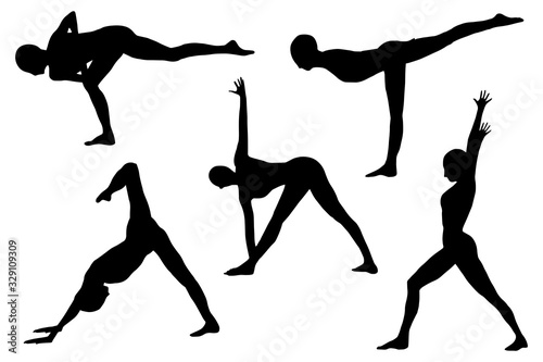 Yoga pose silhouettes set body care, wellness. Clip art on white background 