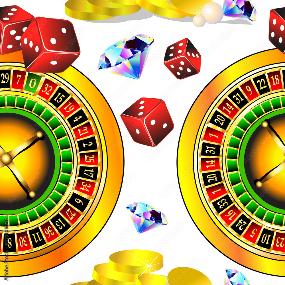 The seamless background of the casino. Roulette and cubes. Vector illustration The seamless background of the casino. Roulette and cubes. Vector illustration