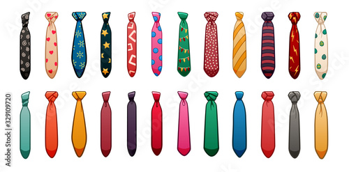 Twenty four neckties of different colors and patterns set on white background