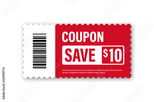 Set of Template Coupon. Gift Coupon element template, graphics design. Voucher promo code. Shopping, marketing, food and drink, business. Vector illustration. photo
