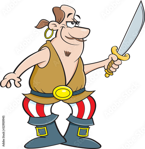 Cartoon illustration of a smiling pirate holding a cutlass sword.