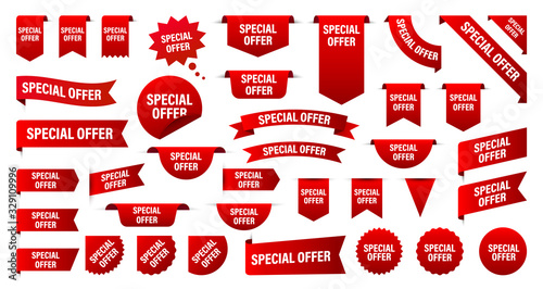Sale and New Label collection set. Sale tags 30, 50, 70. Discount red ribbons, banners and icons. Special offer. Shopping Tags. Sale icons. Red isolated on white background, vector illustration.