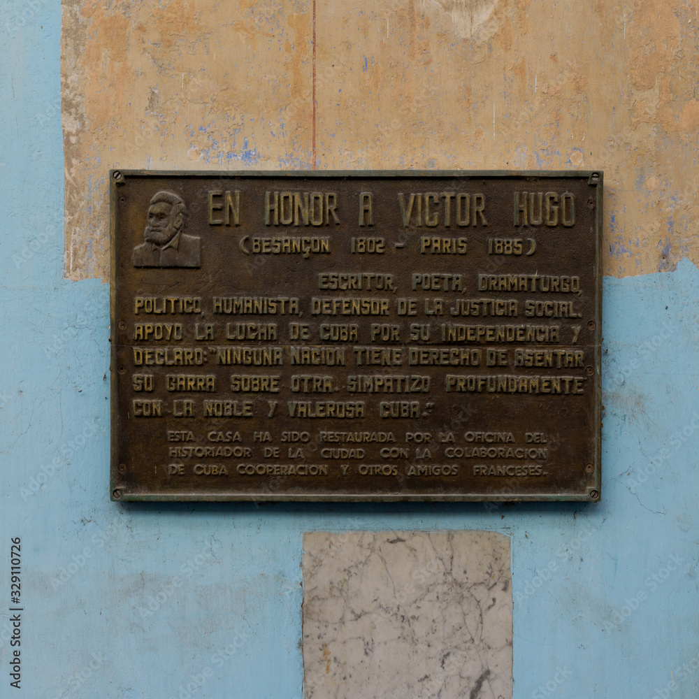 Fototapeta premium Plaque in the honor of Victor Hugo, Havana, Cuba