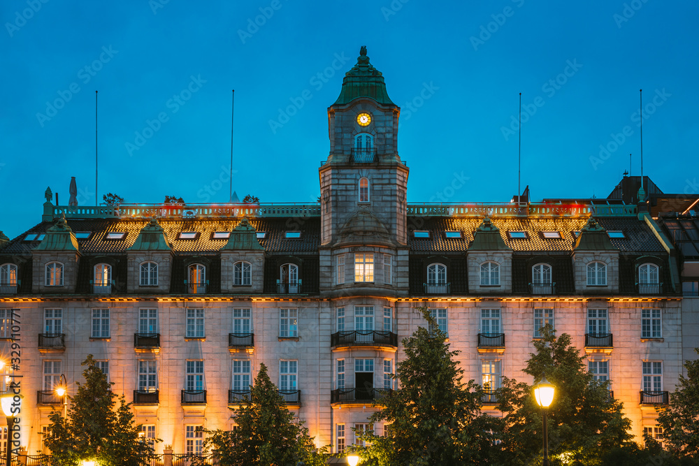 Oslo, Norway. Building Of Old Hotel In Night View. Centrum District In Summer Evening.