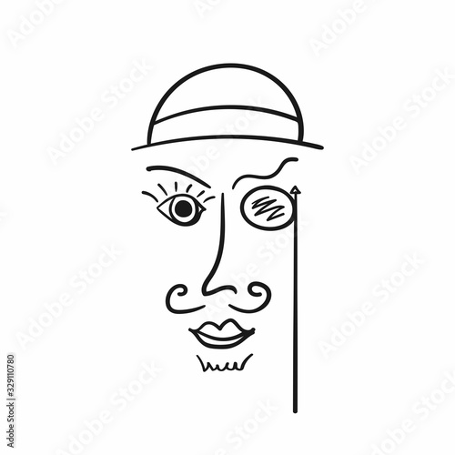 Sketch of portrait of gentleman in hat and with monocle. Drawn by hand. Vector illustration.