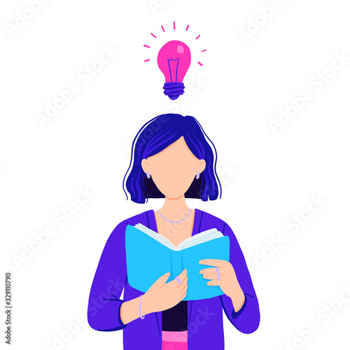 Vector illustration of business woman reading a motivational book and have an idea. Light bulb of new idea above. Flat violet icon isolated on white background.