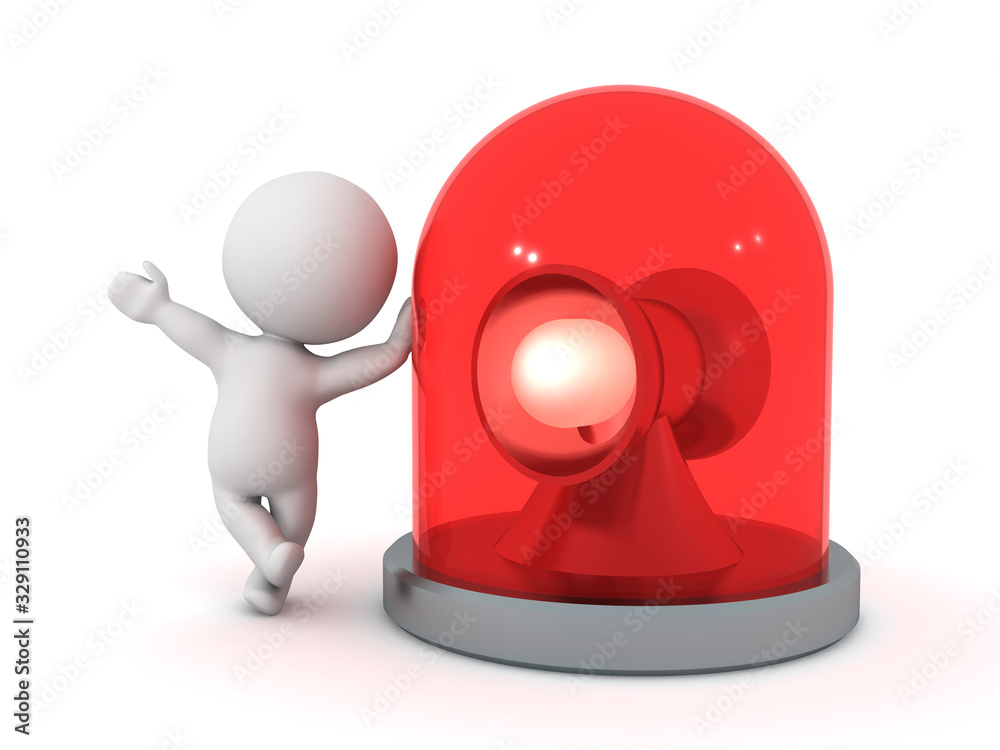 3D Character leaning on red flashing emergency light beacon 3D Character leaning on red flashing emergency light beacon