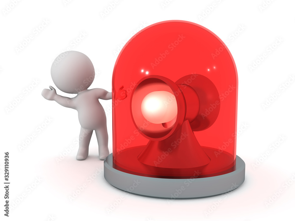 3D Character waving from behind red flashing emergency light beacon 3D Character waving from behind red flashing emergency light beacon