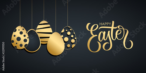 Happy Easter holiday banner with handwritten easter greetings and hanging gold colored easter eggs. Vector illustration.
