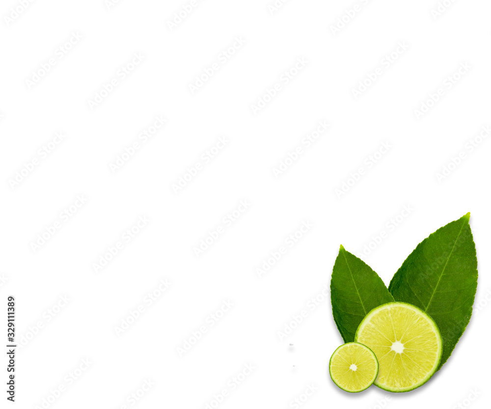 sliced lime with leaves isolated on white background. Top view. sliced lime with leaves isolated on white background. Top view.