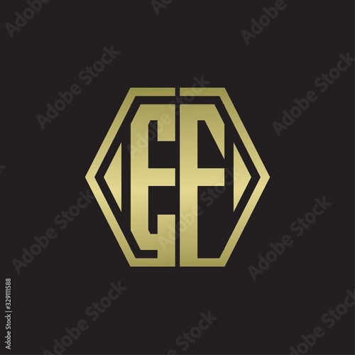 EF Logo monogram with hexagon line rounded design template with gold colors
