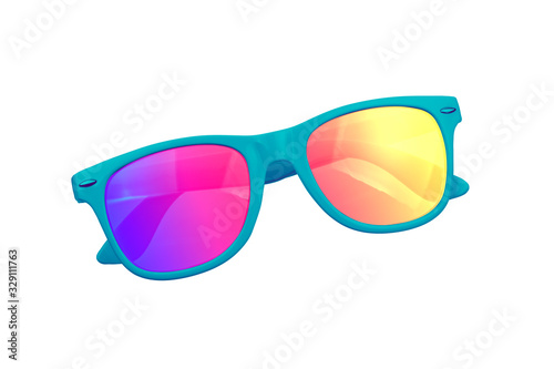 Sunglasses with the reflection of the sun in them.